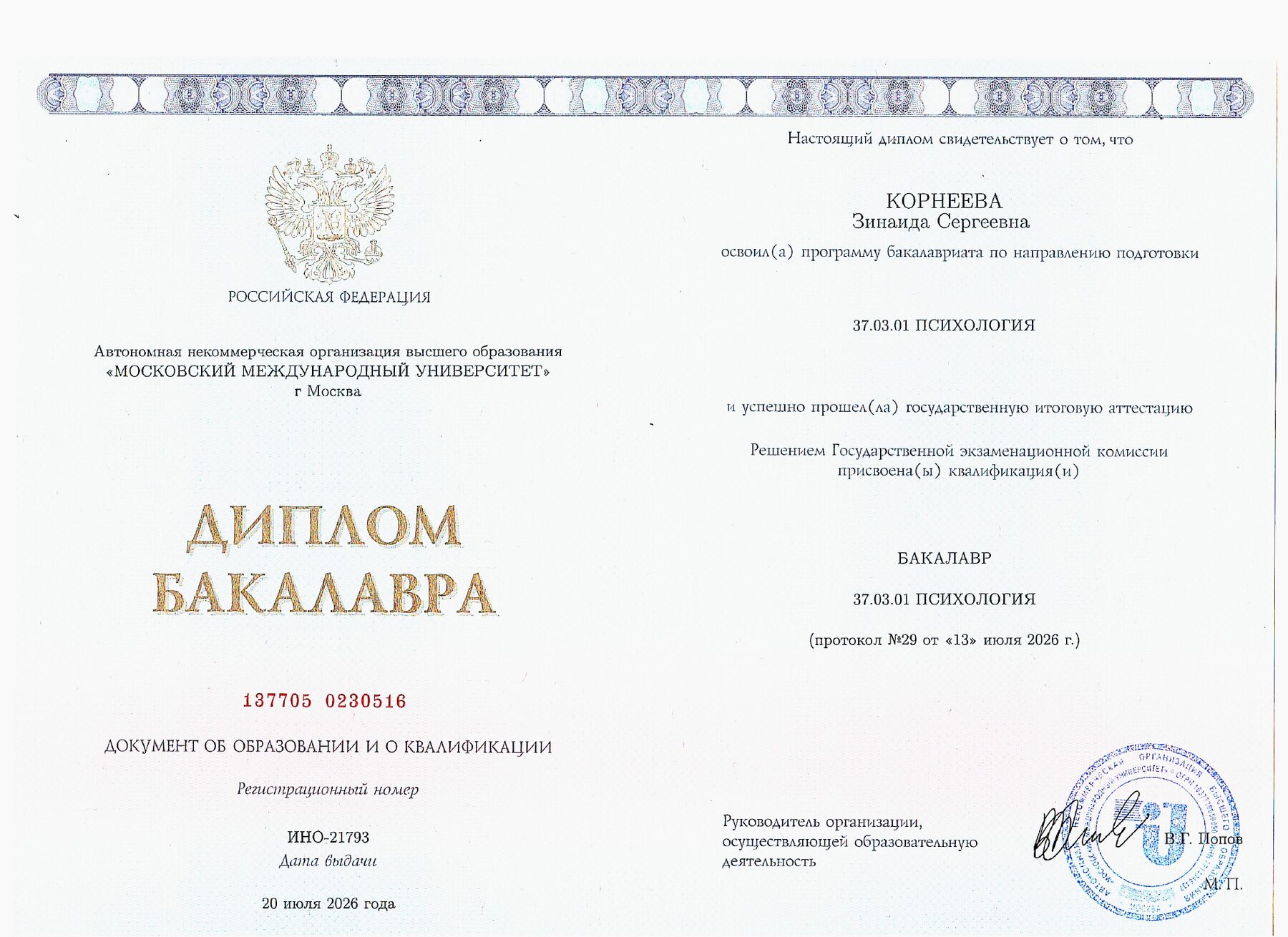 Диплом бакалавра психологии